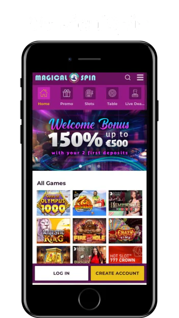Version mobile de Magical Spin affichant le bonus de bienvenue, le menu de navigation et le catalogue de jeux